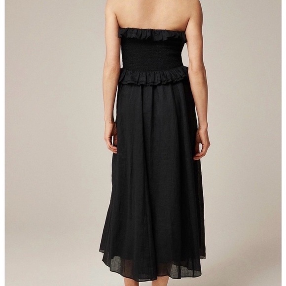 J.CREW Ravenna Dress in Ramie S Black Ruffle Strapless Smocked Beach Casual - Picture 3 of 4